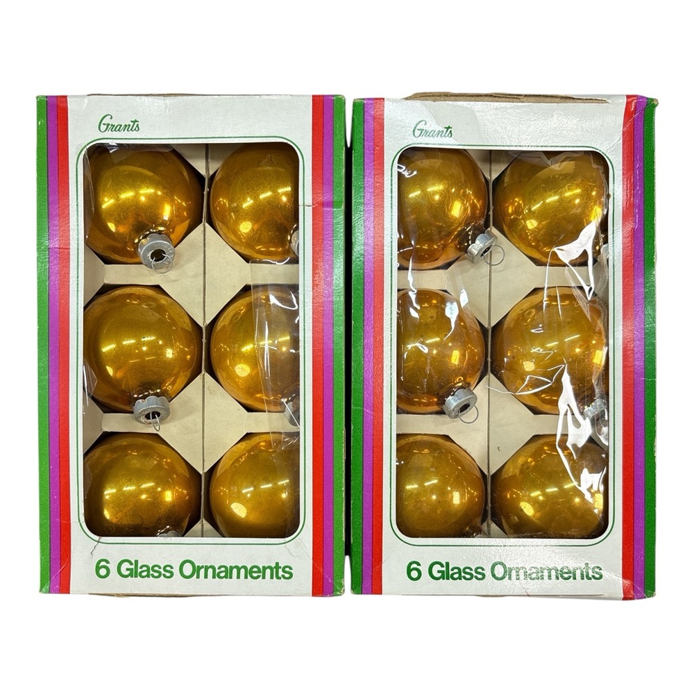 Vintage 2.5" Grants Christmas Shoppe 12 Gold Mercury Glass Balls Ornaments USA